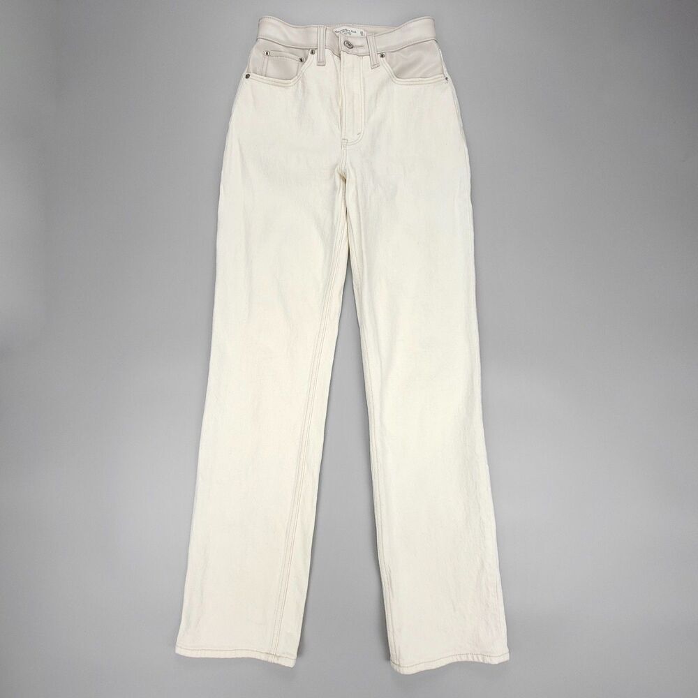 Abercrombie 90s Straight Ultra High Rise Cream With Oat Waistband Pu Leather 25